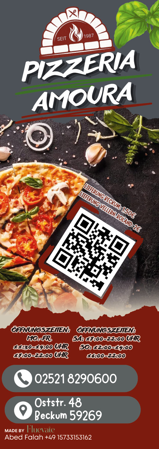 Titelseite der Speisekarte von Pizzeria Amoura, Beckum