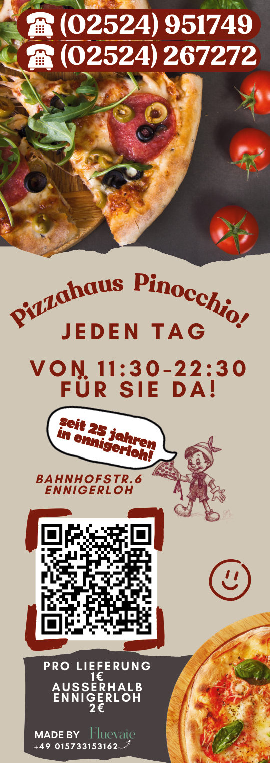 Titelseite der Speisekarte von Pizzahaus Pinocchio, Ennigerloh