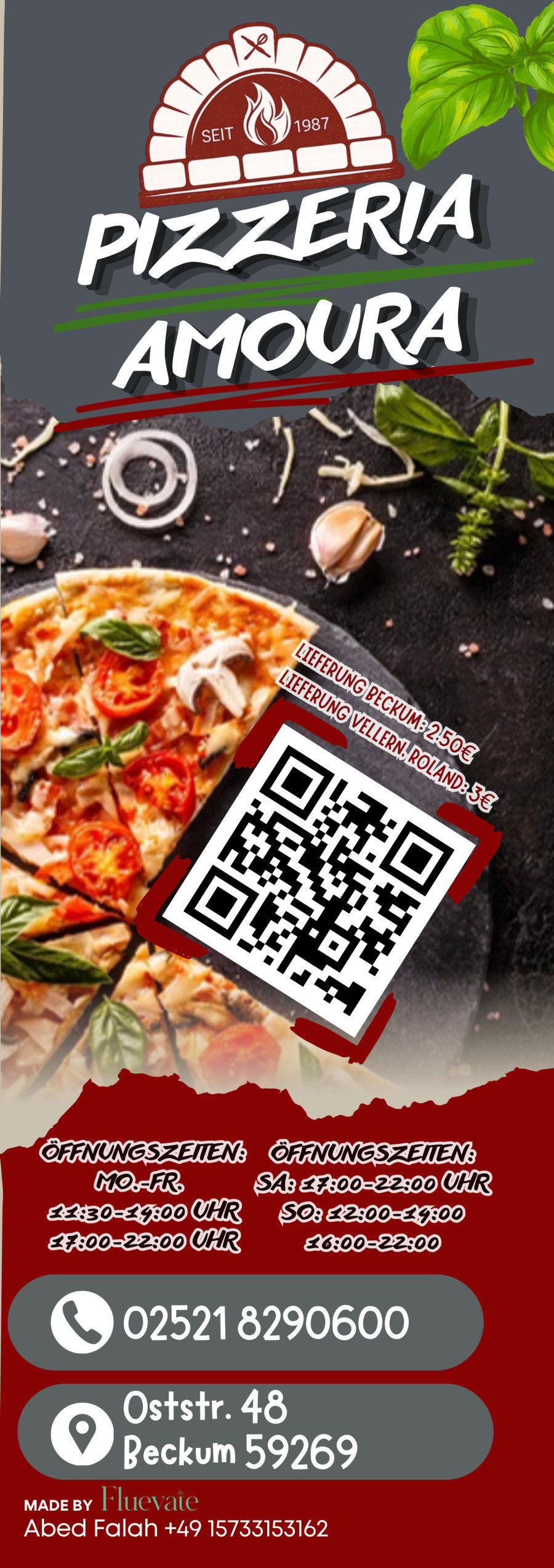 Neue Titelseite der Speisekarte von Pizzeria Amoura, gestaltet von Fluevate
