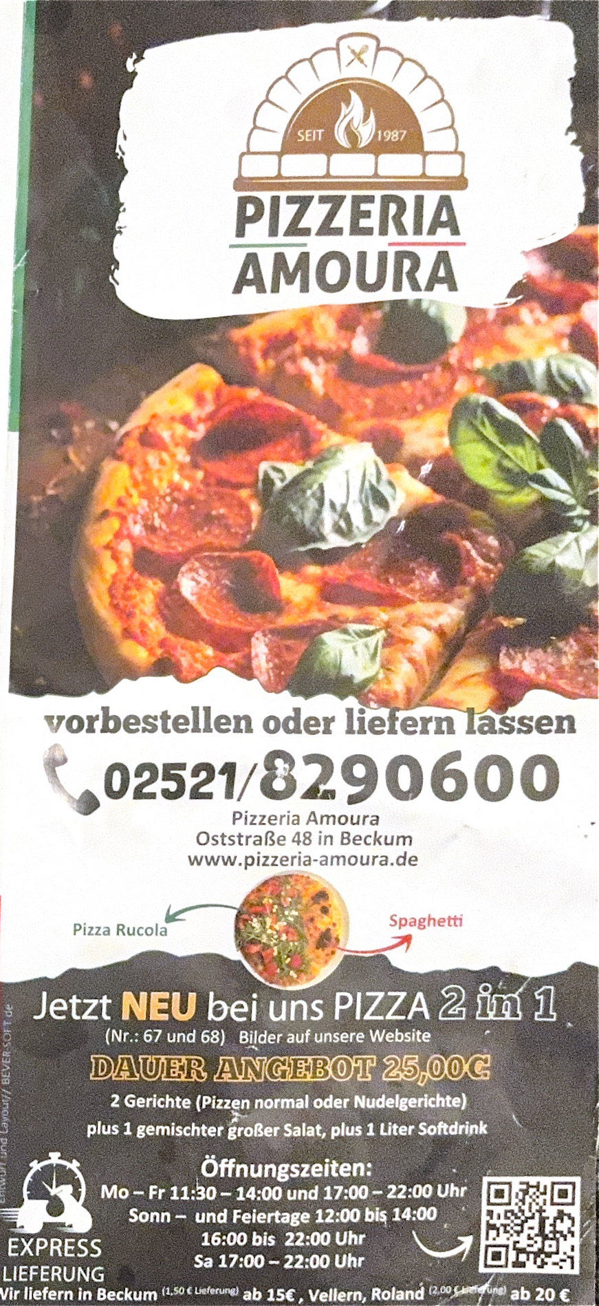 Alte Titelseite der Speisekarte von Pizzeria Amoura