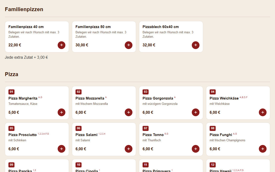 Speisekarte mit Warenkorb auf der Bestell-Website von Pizzeria Amoura