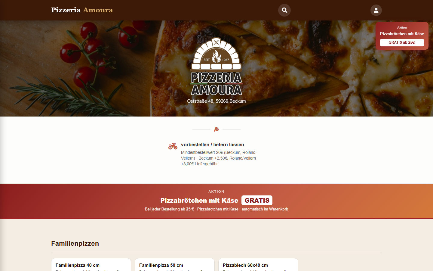 Startseite der Bestell-Website von Pizzeria Amoura, gebaut von Fluevate
